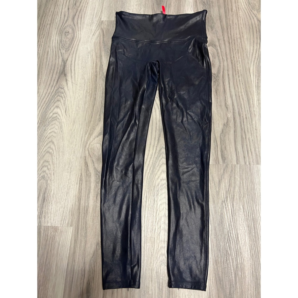 Spanx Womens Faux Leather Metallic Leggings Nylon L Navy Blue Night Out Chic Lg